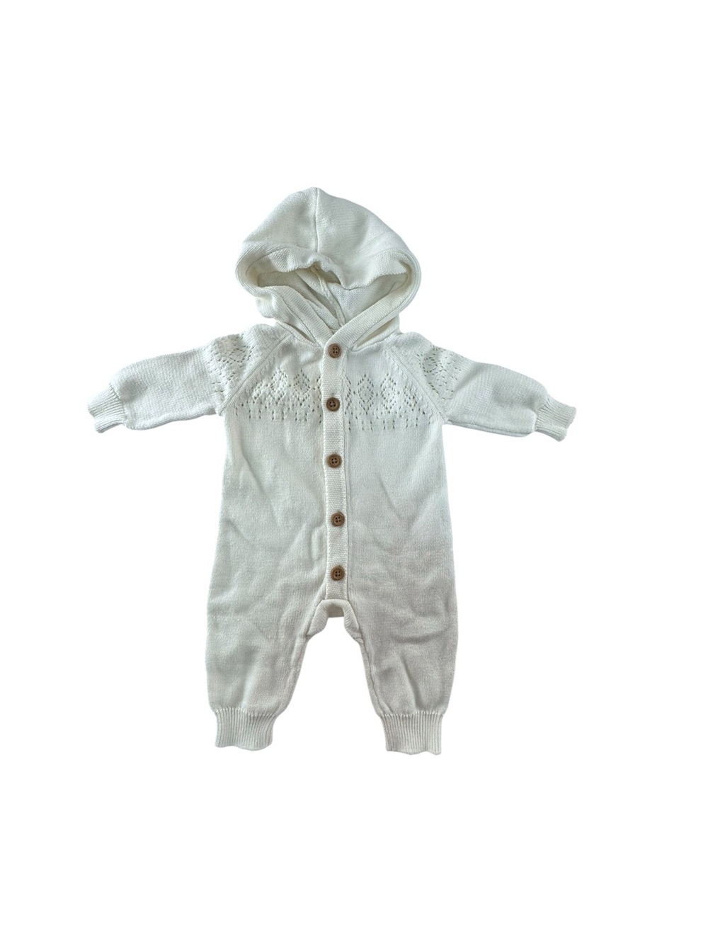 Cozy Hooded Knit Baby One-Piece in Ivory wooden buttons
